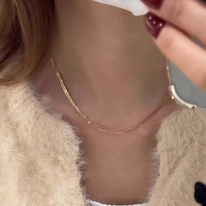 Sparkling ultra-fine and three-layer chain necklace for women light luxury chic High quality snake bone chain jewelry gifts