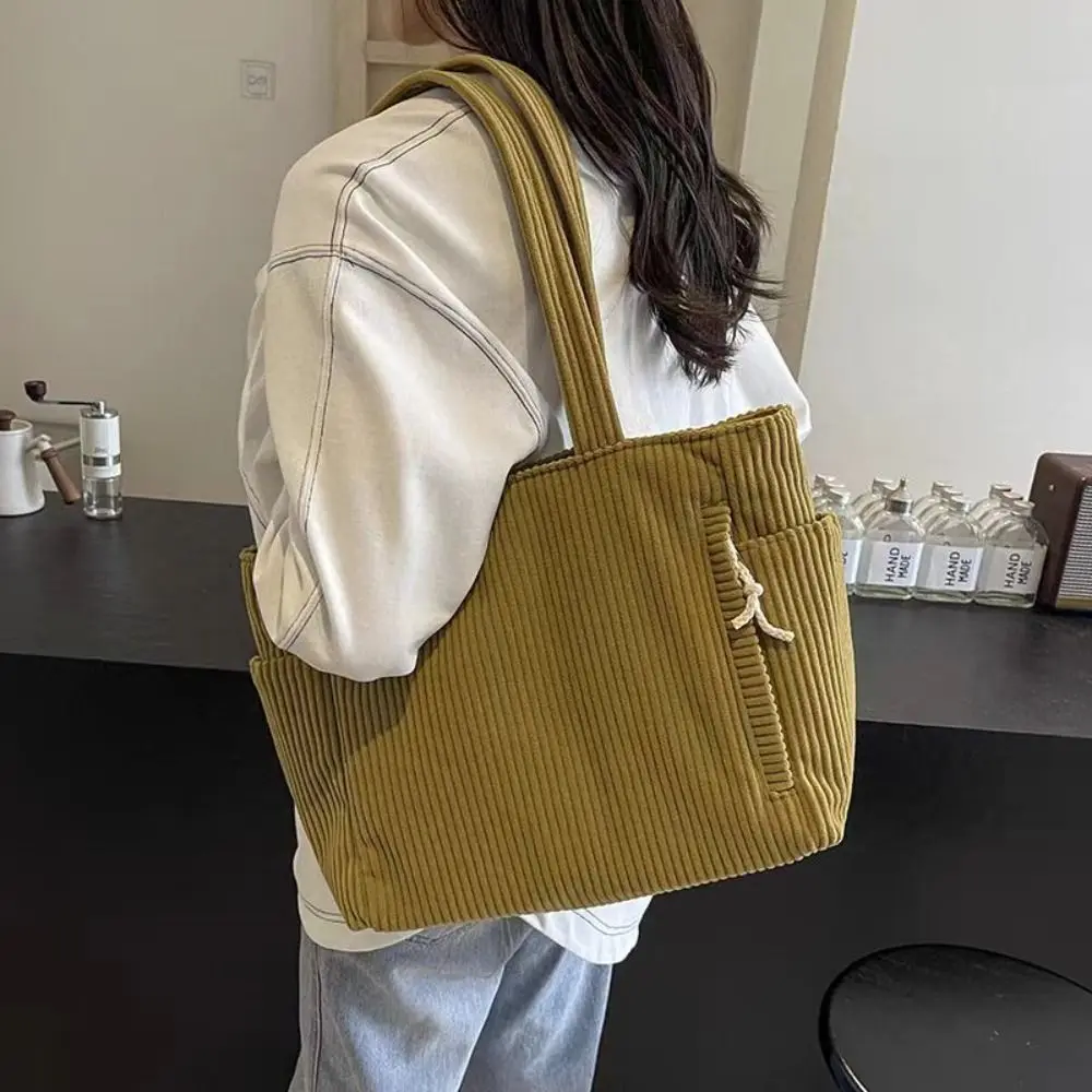 

Corduroy Women's Shopper Tote Bag Zip Closure Solid Color Corduroy Shoulder Bag Large Capacity Multiple Pockets
