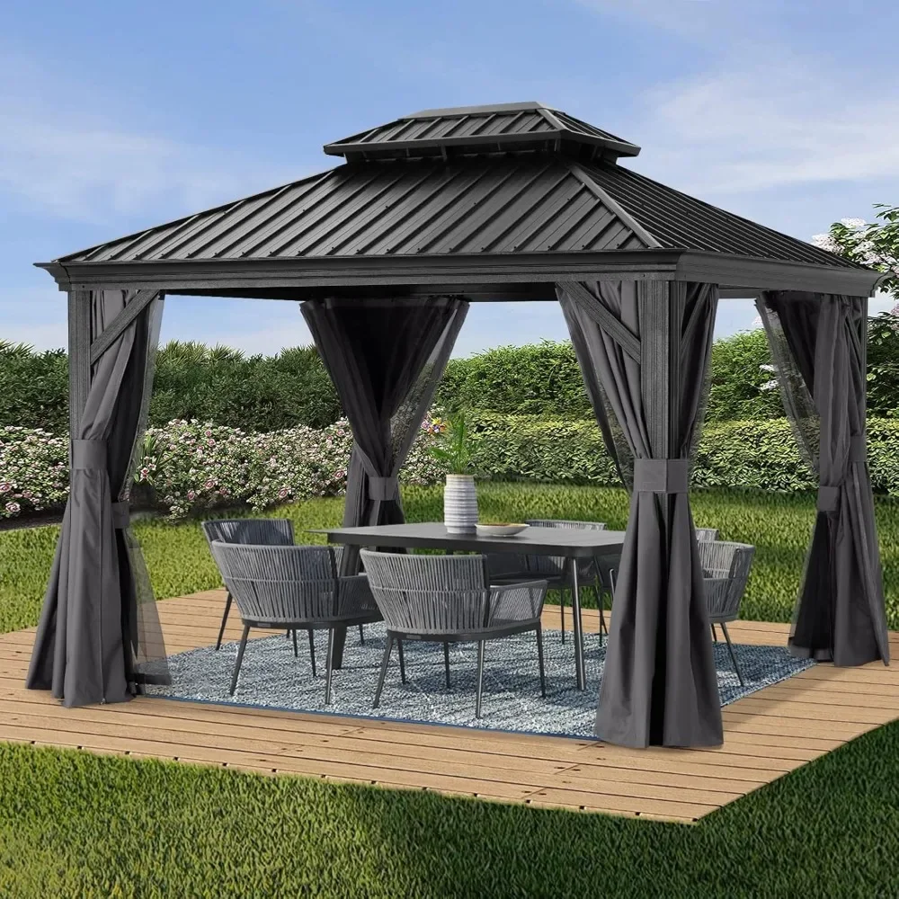 

10x12-Outdoor Hardtop Gazebo Metal Hard Top Gazebo, Permanent Galvanized Steel Aluminum Framed Pavilion with Netting and Curtain