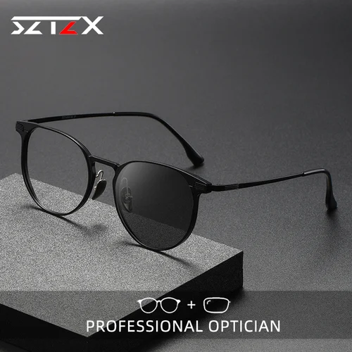 Imagen 1 del producto SZTSZX nuevas gafas graduadas personalizadas de aluminio y magnesio para hombre, gafas de lectura circulares Retro, gafas antiluz azul para miopía