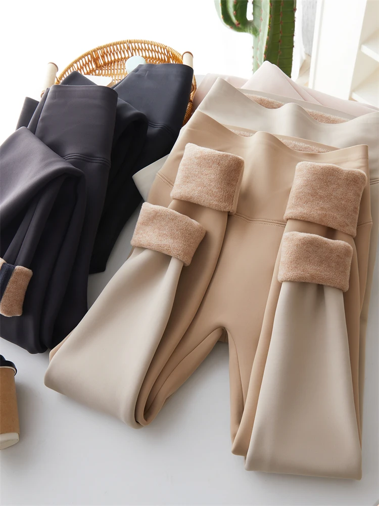 

Trendy High-Waist Fce Lined ark Skin Pants Women's Thiened Yoga Trousers Autumn Winter plus Size Warm Base Layer Pants