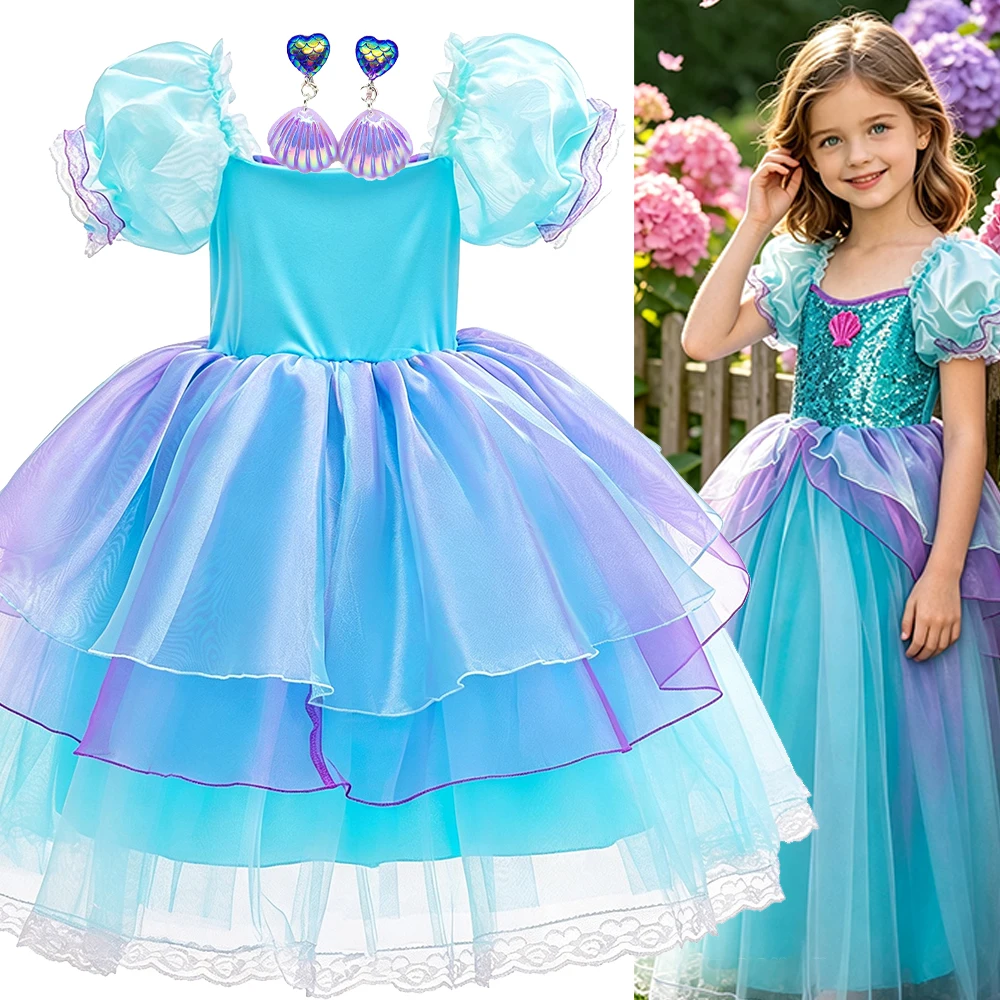 Girls Blue Pink Princess Costumes Mermaid Tutu Dress With Crown Necklace Complete Accessories Set For Birthday Party Halloween