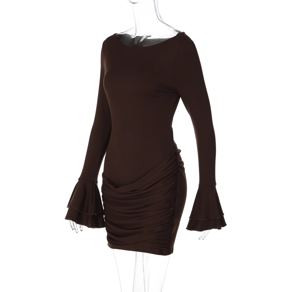 Hugcitar Modisches O-Ausschnitt Einfarbiges Langes Kleid mit Ausgestellten Ärmeln, Sexy Plissiertes Minikleid für Herbst und Winter, Damenkleidung für Geburtstagsfeiern und Festivals – Detail 3