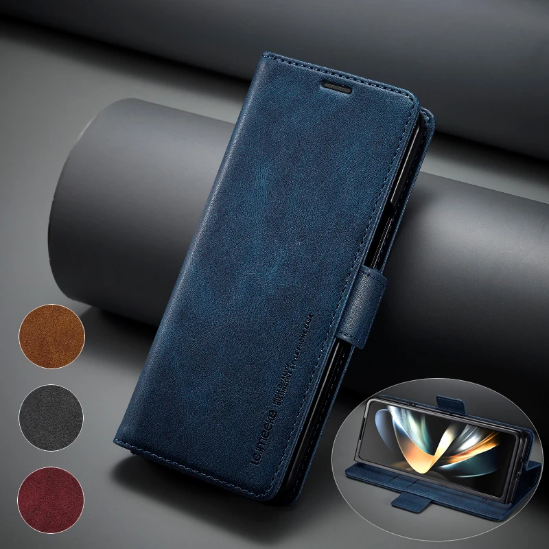 Side Magnetic Flip Phone Cover For Samsung Galaxy Z Fold 6/Z Fold 5/Z Fold 4/Z Fold 3 Built-In Wallet Card Slots Protective Case