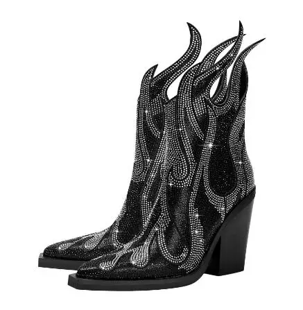 

Luxury Bling Black Sliver Mixed Rhinestone Totem Embroidery Flame Pointed Toe Slip On Chunky Heels Mid-calf Short Ankle Boots