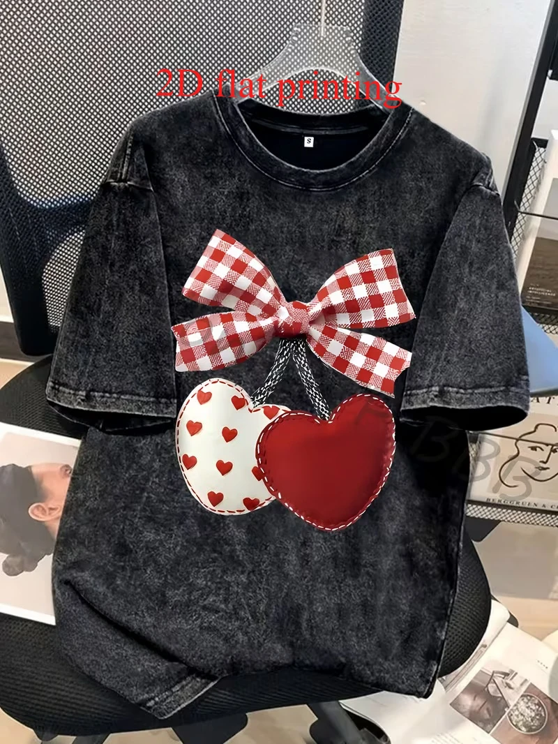 Vintage Washed Red Gingham Bow Heart Cherry Graphic T-Shirt, Coquette Preppy Aesthetic Casual Short Sleeve Top For Women
