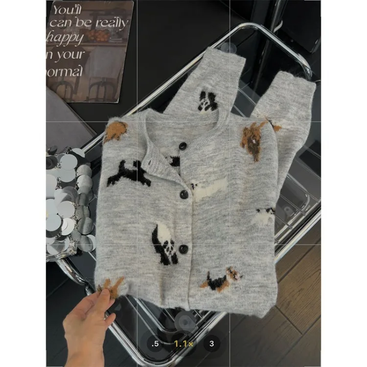 Lazy Cute Dog Print O-neck Cardigan Coat Women 2024 Early Autumn New Knitted Tops Mujer Y2k Long Sleeve Loose Sweaters