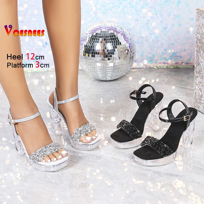 Sandalias de tacón alto transparentes con plataforma de 3CM, zapatos de lentejuelas de lujo para mujer, novedad de 2025, sandalias de fiesta de tacón transparente de 12CM de talla grande 43