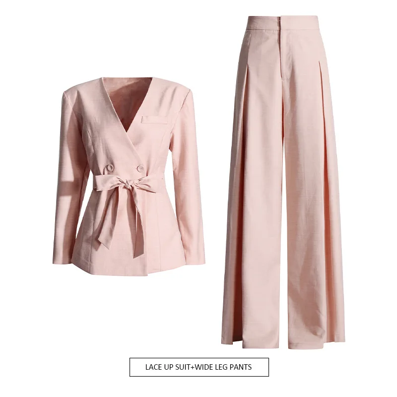 

2025 новый темпераментный интеллектуальный тонкий костюм с v-образным вырезом на шнуровке на талии + плиссированные широкие брюки с высокой талией, модный женский костюм