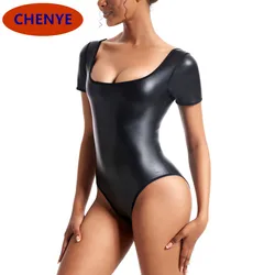 Swimwear Women PU Leather One Piece Swimsuit Black Short Sleeve Bathing Suit Sexy Mini Monokini Swimwear Woman Leather Swimsuits