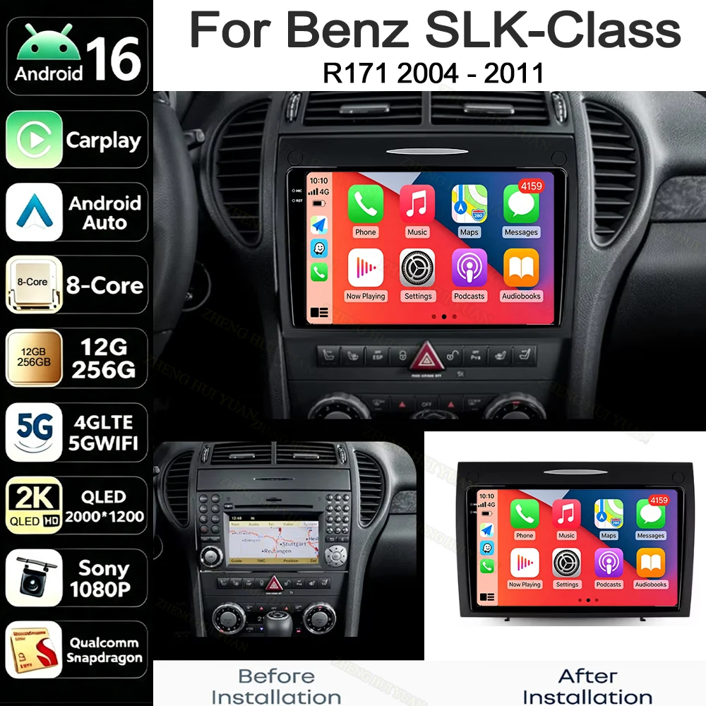 Android 16 For Benz SLK-Class R171 2004 - 2011 Stereo Car Radio Multimedia Video Player GPS AI Voice CarPlay 2K QLED 4G