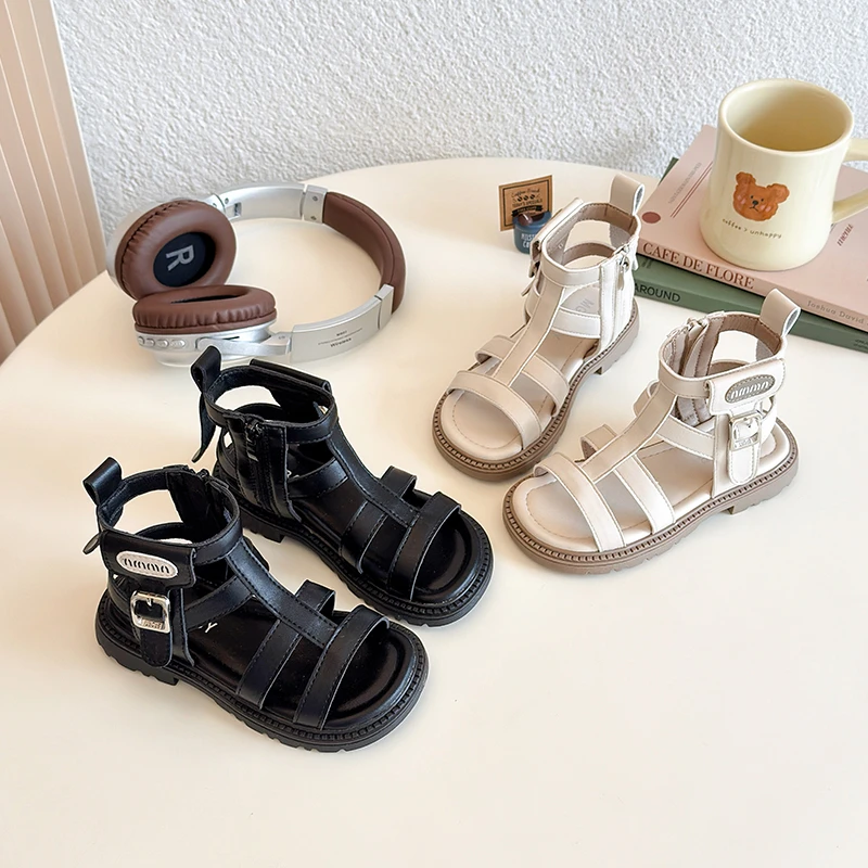 Kids Boys Girls Leather Roman Sandals Ankle Strap Multiple Buckle Casual Daily Footwear Soft Bottom Anti Slip Black White 23-32