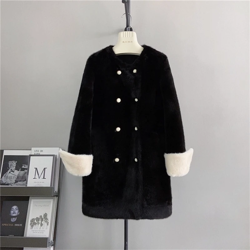 Female Round Neck Man-made Fur Splicing Cuffs Winter Coat Women Faux Mink Velvet Warm Jacket PT4100