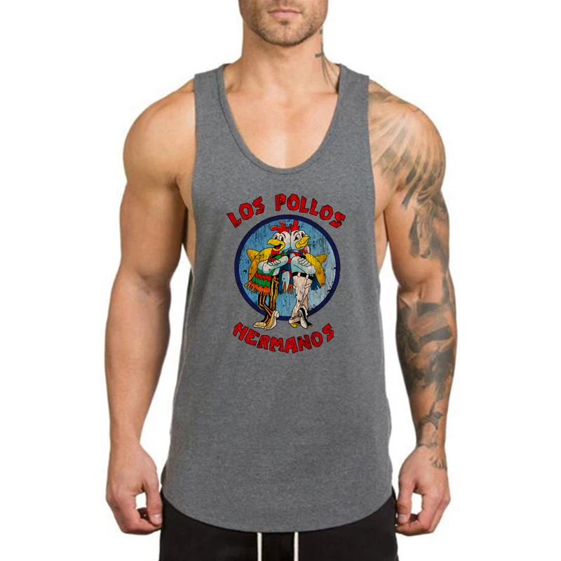 LOS POLLOS Hermanos Funny Printed Fitness Tank Tops Mens Bodybuilding Sport Sleeveless Shirt Cotton Breathable Gym Running Vests