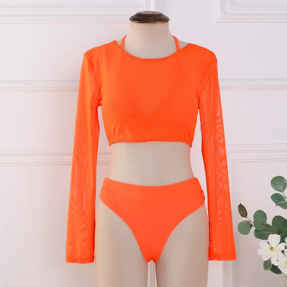 Europese en Amerikaanse bikinizwempak bikini met lange mouwen, meerkleurige mesh driedelige set dameszwempakfabriek