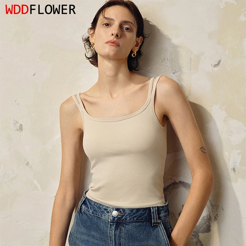 Women Ribbed Camisole Sexy Double Strap with Padded Bust Bralette Solid Color Slim Stretch Base Layer Tops Female Tank TA064