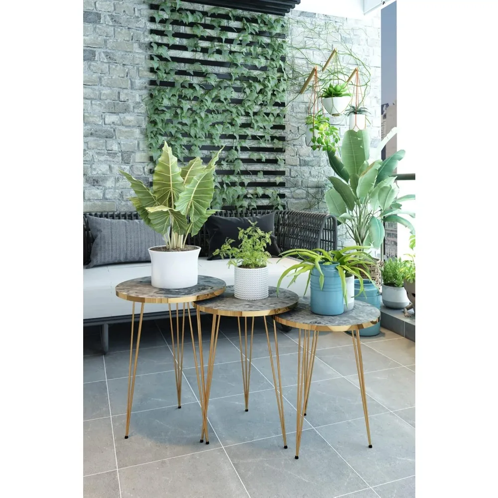 Conjunto de 3 mesas redondas de madeira com design empilhável e pernas de metal para sala de estar e escritório doméstico