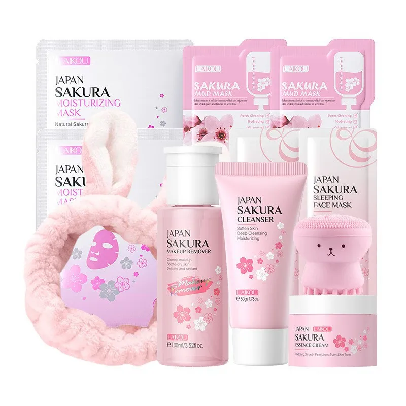 Korean Sakura Skincare Set Hydration Moisturize Cleanse Pores Sunscreen Protection Cosmetic Beauty