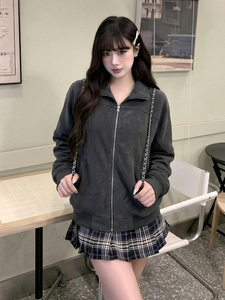 

American Sle Zipper Hoodie Women Early Spring New Stand Collar Loose Slimming Casual Jaet Couple Top Trendy