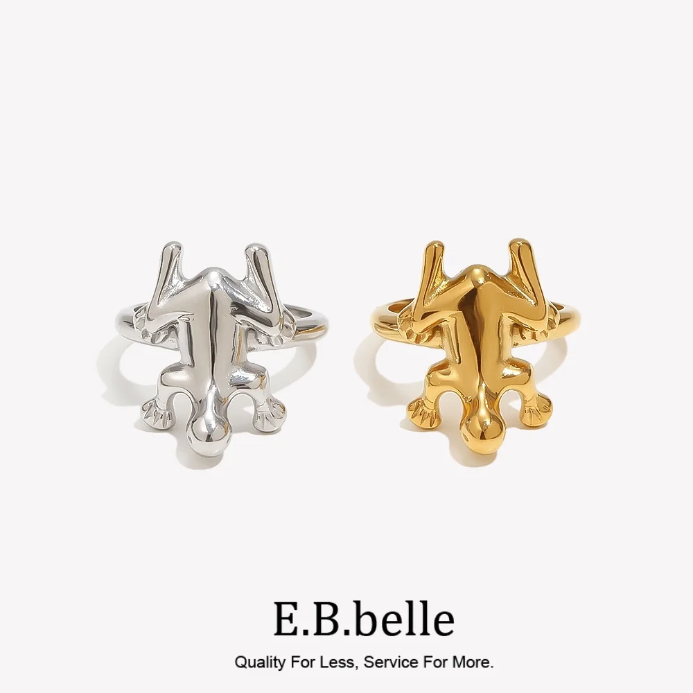 E.B.belle Polierter Springender Frosch Skulptur-Ring 18K Vergoldeter Edelstahl Damenringe Mode Natur Schmuck Accessoires
