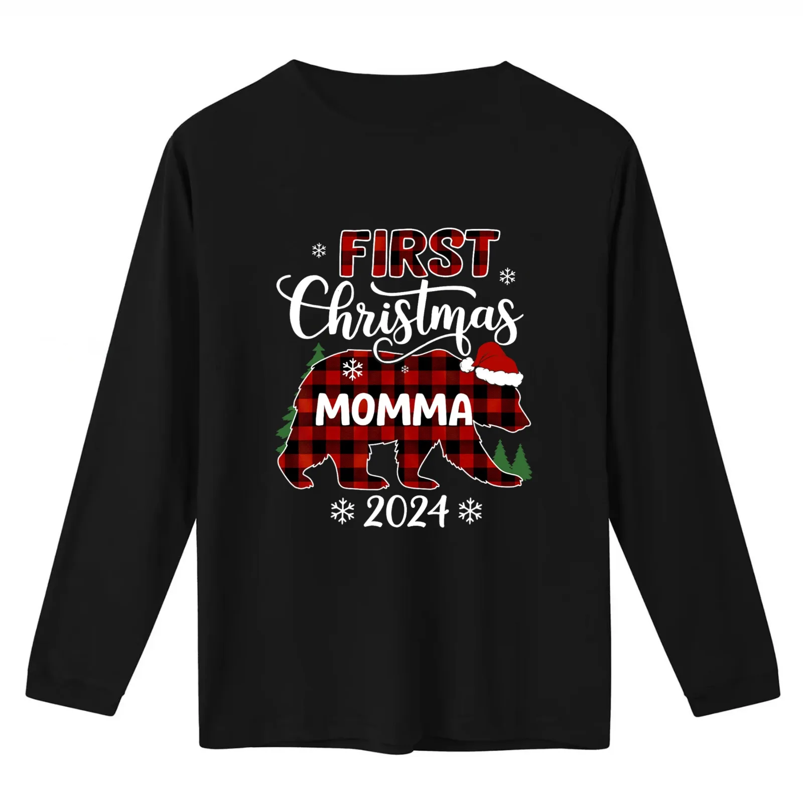 First Christmas Momma Buffalo Plaid Bear For Christmas Party Gift For Mom T-Shirt Summer Casual Cotton Tee Unisex Men Women
