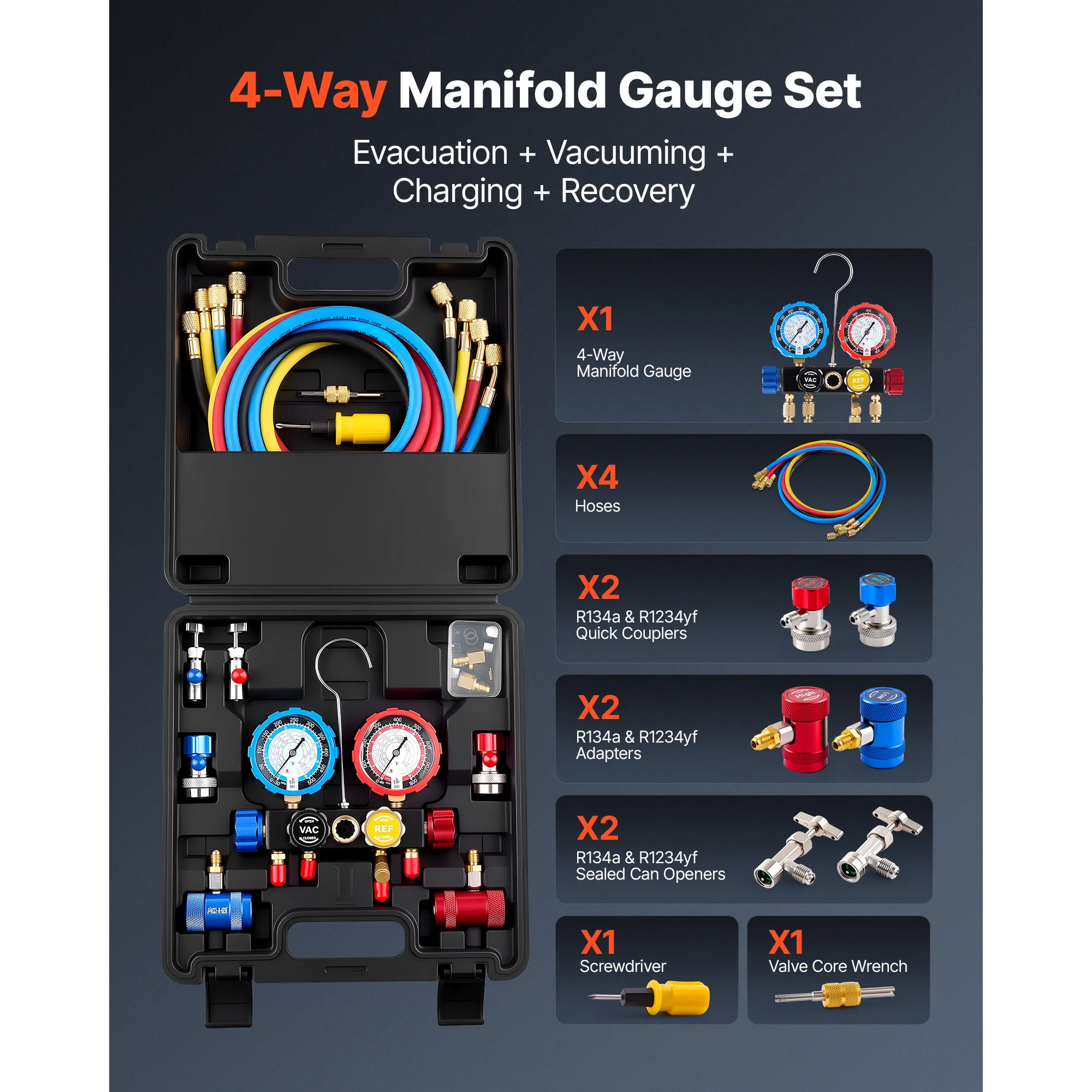 SucceBuy AC Manifold Gauge Set AC Gauge with Hoses Adapters Quick Couplers Can Taps for Automotive Air Conditioning Maintenance