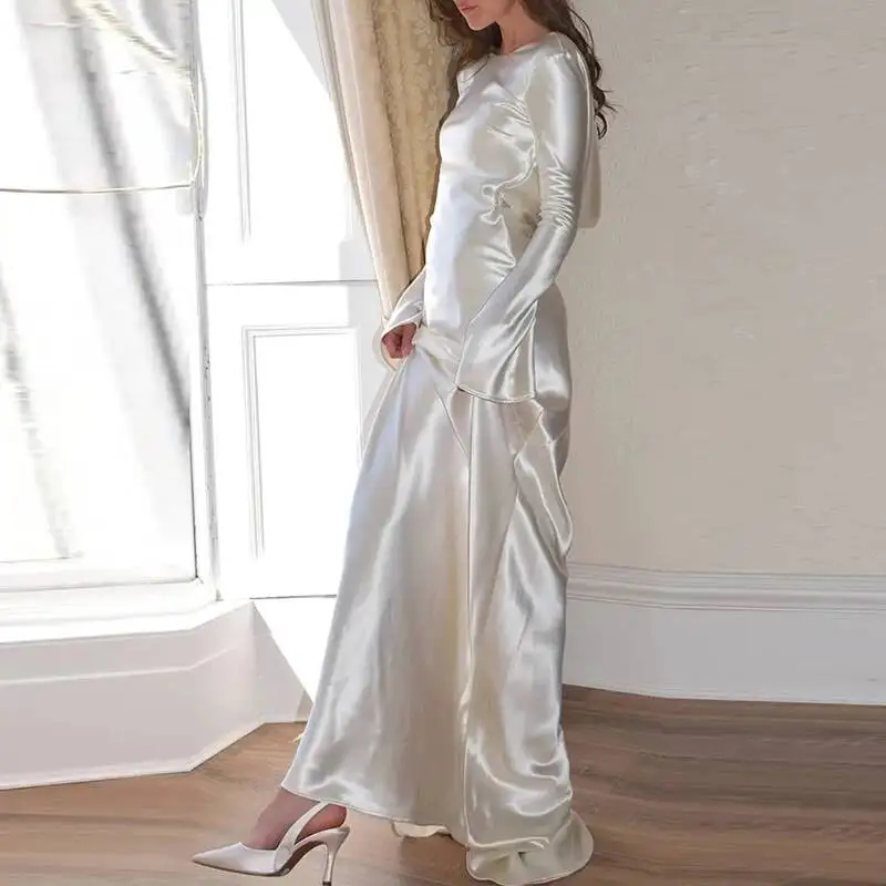

White Satin Long Sleeved Slim Evening Dress Sexy Hollow Out Backless Mermaid Robe Dress New Autumn Women O Neck Fashion Dresses
