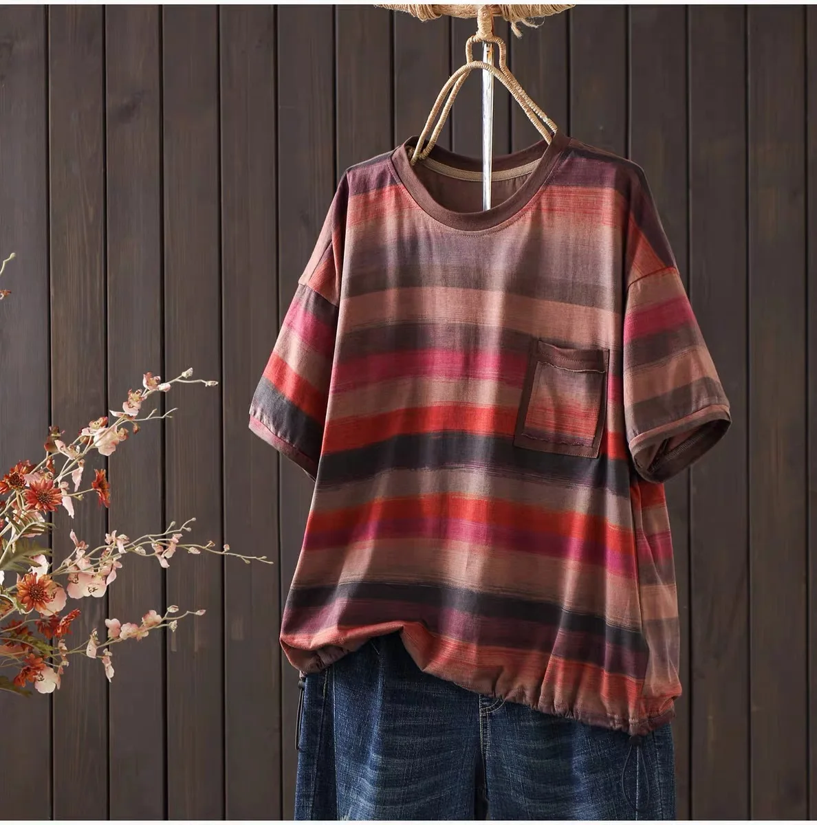 Vintage Hippie Stripe Print Tops for Women Oversized Short Sleeve Crew Neck Chest Pocket Drawstring Hem Cotton Daily Shirts