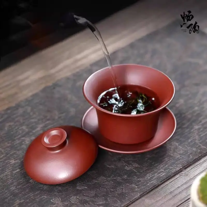 

Оригинальная минеральная чаша Changtaoyixing, набор из трех чаш с крышками из фиолетовой глины и красного камня, 150 мл