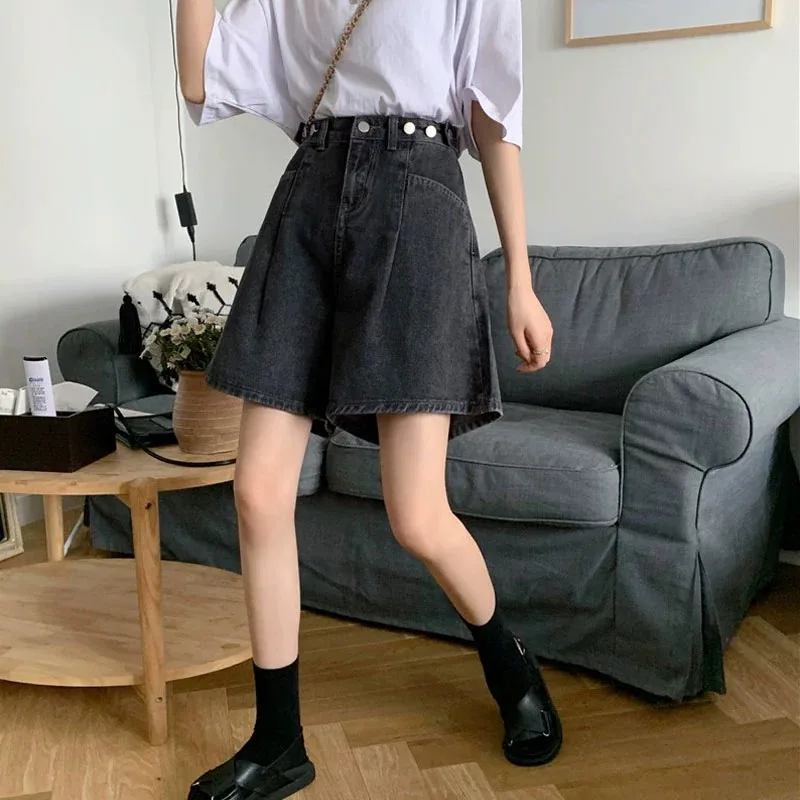 High Waist Loose Fit Short Jeans Women's Thin Versatile Student Mid-Calf Summer Pants Wide Leg Five-Point Pants