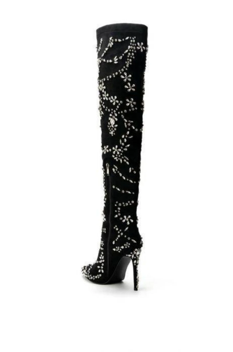 Luxury Crystal Embellished Black Stiletto High Heels Over knee Elasticity Boots Women Pointed Toe Side Zipper Dress Stage Shoes