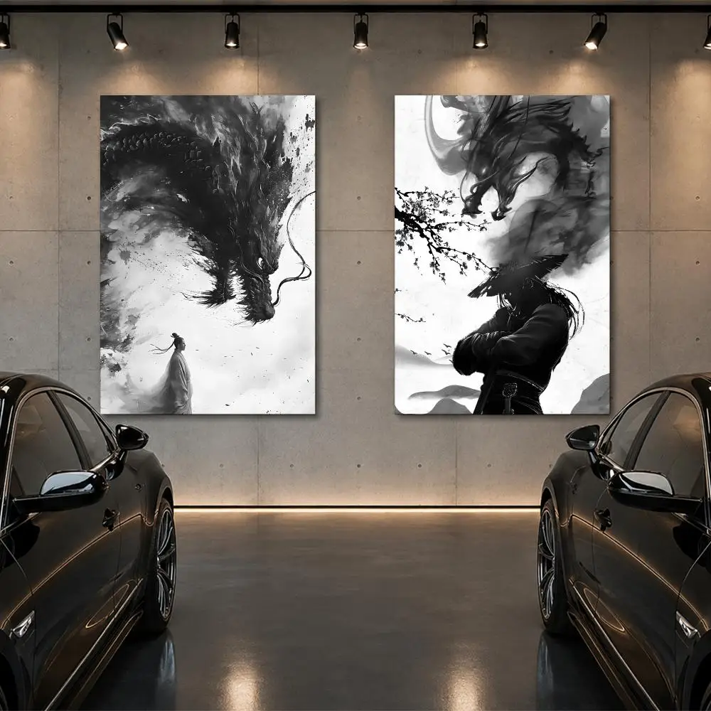 Asian Ink Style D-dragon Shadow Waves Art Poster Room Decor Home Wall Art Printing Waterproof Garage BedRoom Posters Gift