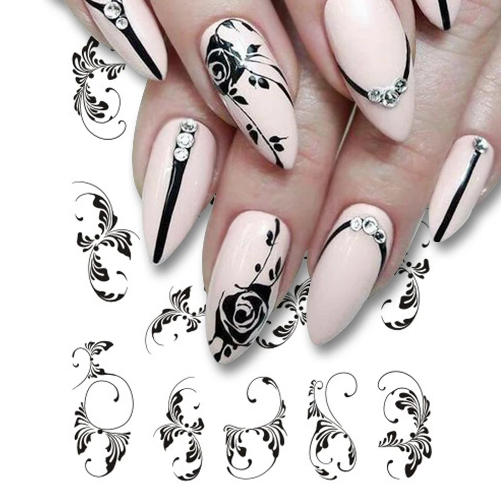 

1pcs Nail Sticker Flower Water Transfer White Rose Necklace Jewelry Nail Water Decal Black Wraps Tips Manicure SASTZ609-658