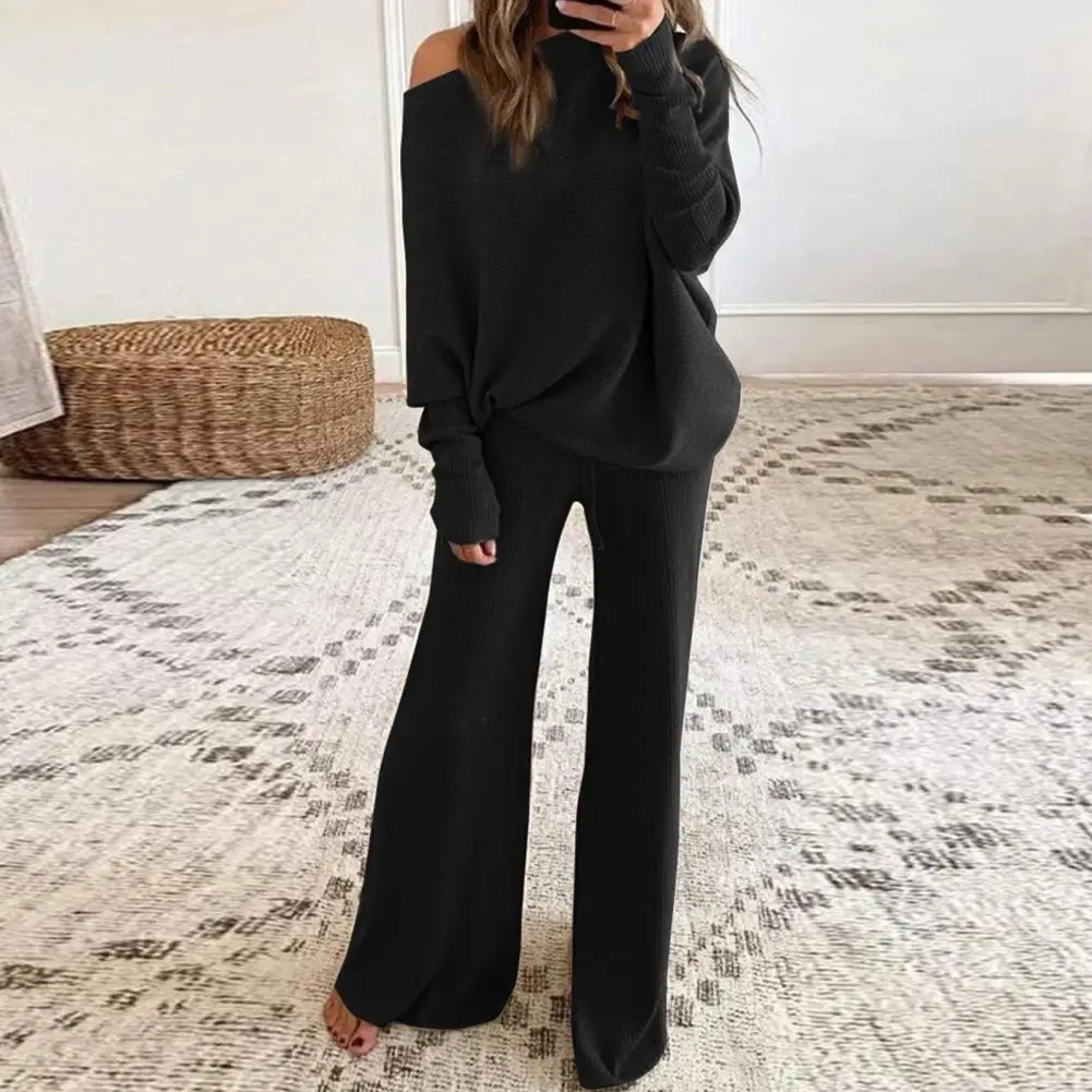 2023 Autumn Women Knitted Suit Loose Knit Women\'s Pantsuit Solid Warm Long Sleeve Casual Soft Sweater Sets for Women 2 Piece New