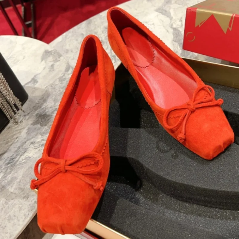 

Autumn-Style Mary Jane Flats With a French Flair Featuring a Bow Square Toe Perfect For Casual Wear Red Sole Ballet Shoes Female