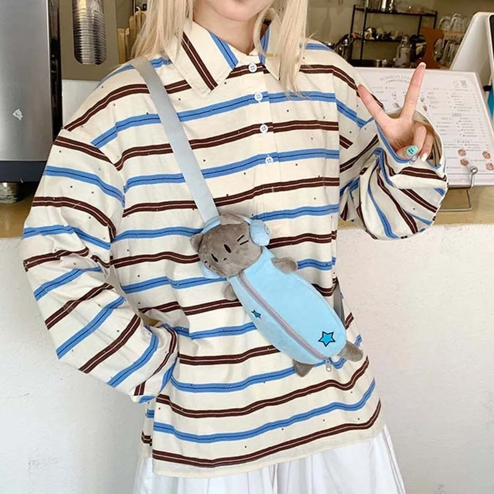 Сумка для ручек, милая сумка через плечо с изображением кота, синий кошелек, сумка через плечо с героями мультфильмов, большая вместительная портативная плюшевая сумка для канцелярских принадлежностей для девочек