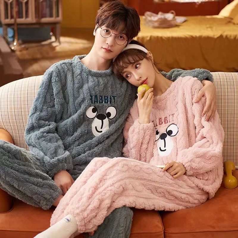 Couples Pajamas Sets Women Men Winter Thicken Pyjamas Sleepwear Cartoon Dinosaur Korean Lovers Homewear Soft Warm Hoodies Pijama