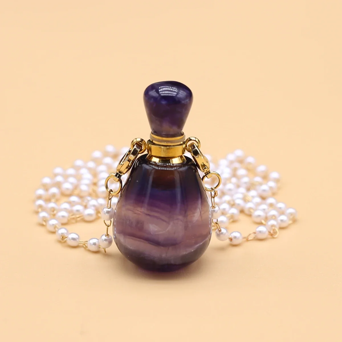 Natural Amethysts Perfume Bottle Pendant Necklace Pearl Chains Essential Oil Diffuser Agates Pendant Necklace For Women Jewerly