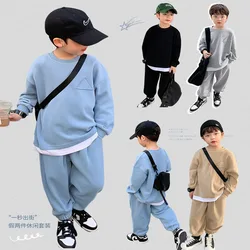 2024 Boys Warm Sets Children Loose Casual Solid Color Sports Suit Autumn Children's Fashion Tops Pants 2-Piece 2-10 Years Old