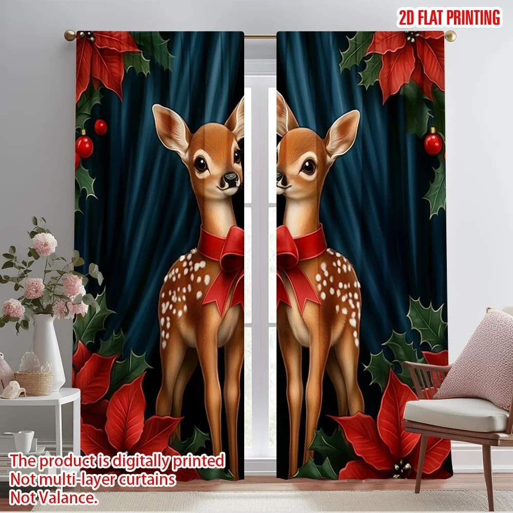 

2pcs,2D plane printing Window Curtain Cute Fawns Christmas Poinsettias (2) Versatile 100% Polyester (without rod) Home Decor for