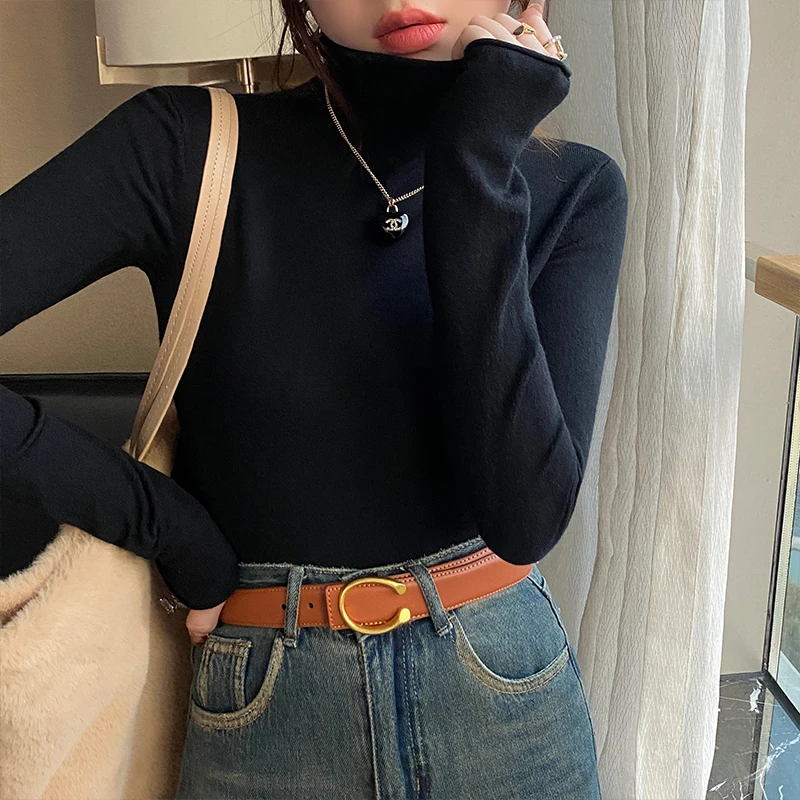 محبوك سترة المرأة البلوفرات الجديدة طويلة الأكمام الياقة المدورة الأسود متماسكة سترة البلوز النساء بلايز البلوزات النساء الملابس Q1138