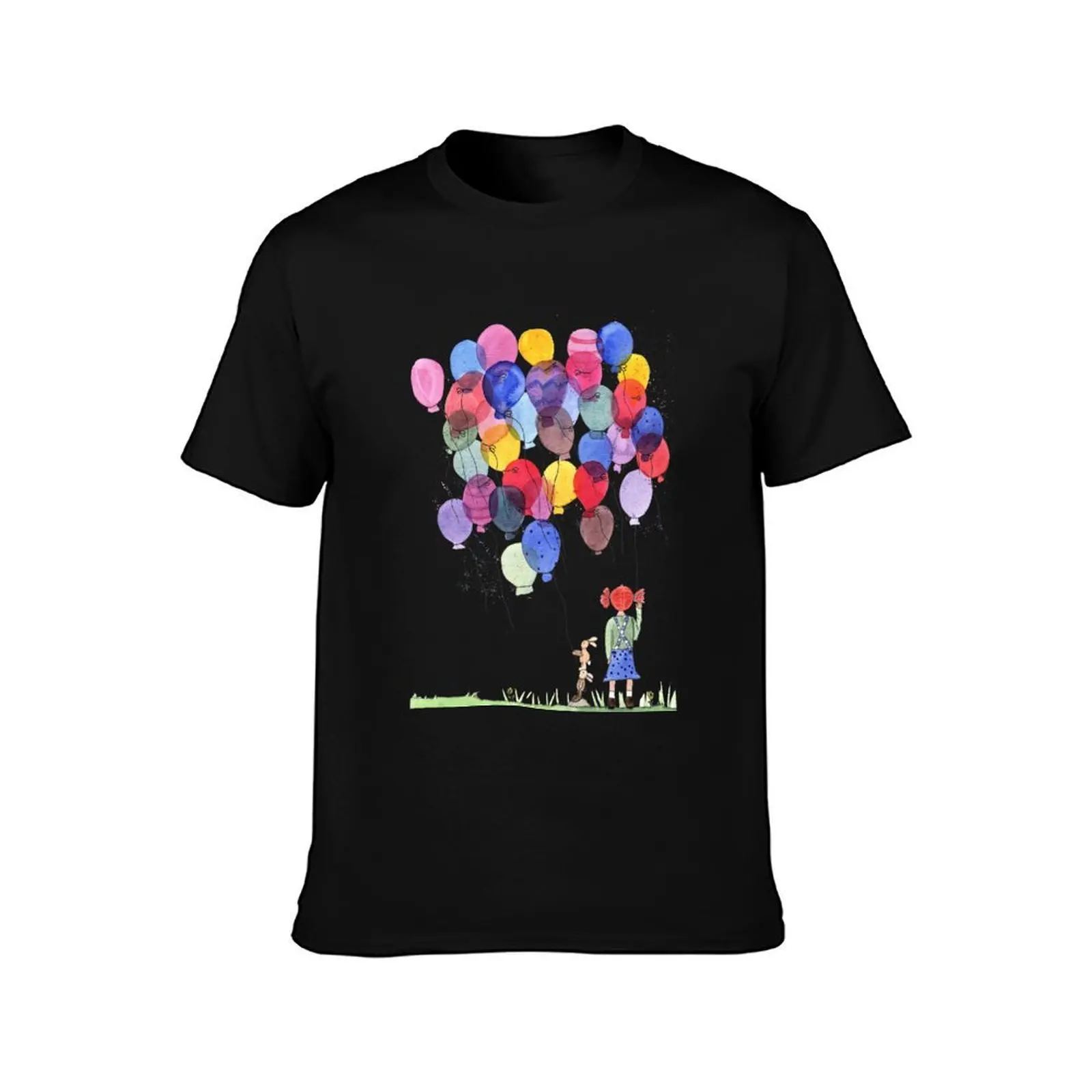 Girl with balloons whimsical watercolor illustration T-Shirt, Summer Casual Cotton Tee, Oversized Streetwear Tops, 100% Cotton