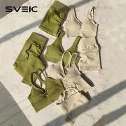 SVEIC 심리스 요가 세트, 스포츠 브라, 워싱 뜨게, 피트니스 상의, 골지 운동복 반바지, 운동복, 체육관, 여성 복장 의류