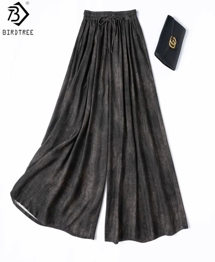 

Birdtree 100% Mulberry Silk Grey Color Pants,Women Elastic Waist Loose Pocket Drawstring Wide Leg Pants, 2025 Summer NewP57420JF
