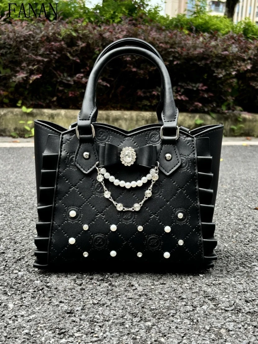 Lolita Tote Bag for Girls 2025 New Cute Handbag with Pearls Rhinestones Women's Hand Bags Butterfly Knot Single Shoulder Bag