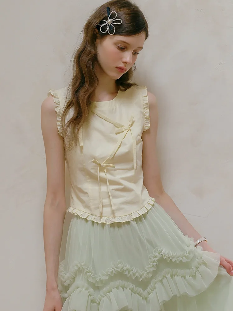 

Elegant Wooden Trim Vest Women's Summer Outerwear Knot Sleeveless Top Commute Style Cotton Short Length