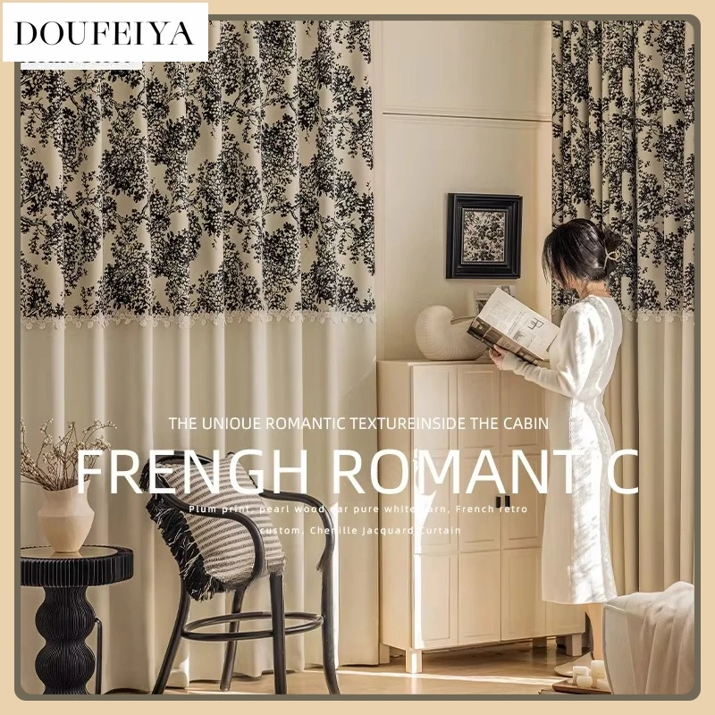

French Vintage Chenille Print Luxury Curtains for Living Room Bedroom Blackout Arbutus Tree Cream Lace Stitching Tulle Custom