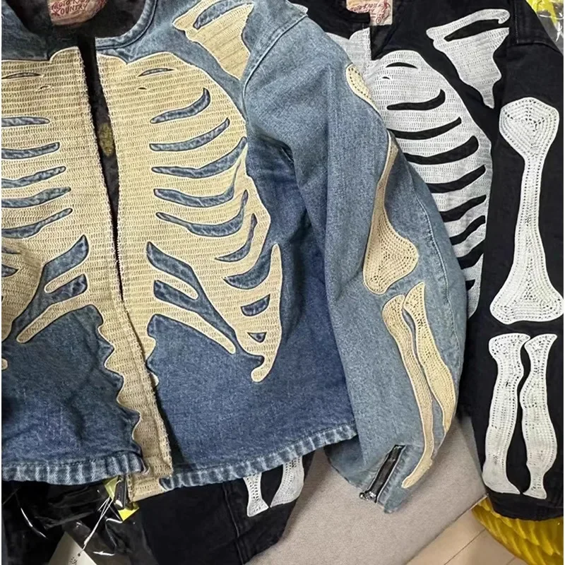 2024 Summer Fashion New Trend Bone Embroidered Denim Jacket Unisex Loose Vintage Jeans Jacket Street Wear Hip Hop Denim Jacket