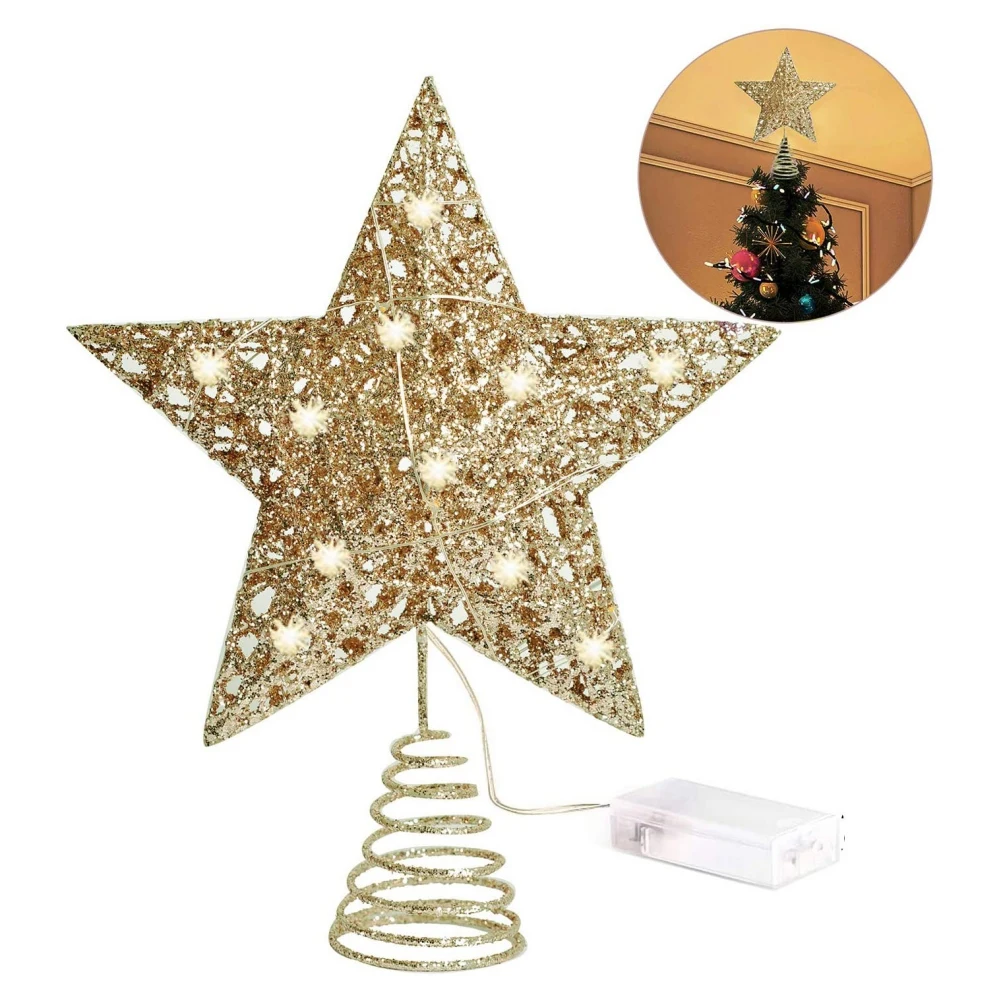 Gold Glitter Christmas Tree Topper Iron Star Christmas Decorations For Home Xmas Tree Ornaments Navidad New Year 2025 Natal Noel