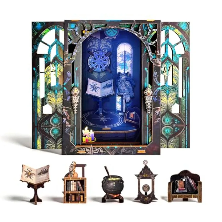 DIY Book Nook Kit Miniature Dollhouse with LED Light, 3D Wooden Bookshelf Insert Bookshop, Mini Library Model Building Kit for